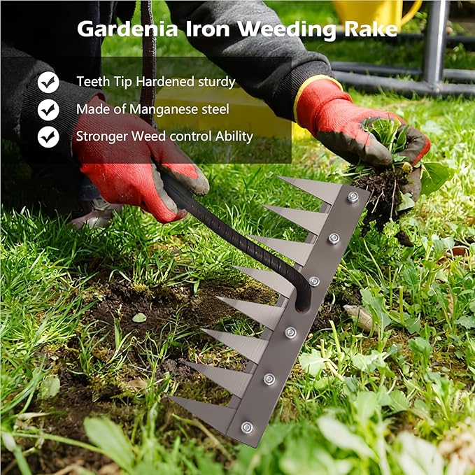 Iron Weeding Rake 2.0, New 5/6/7/8 Teeth Carbon Steel Garden Weeder Rakes, Weeder Puller Tool for Yard Lawn and Garden, Heavy Duty Metal Rake for Lawn, Flower Beds & Soil Aeration (6 Teeth)