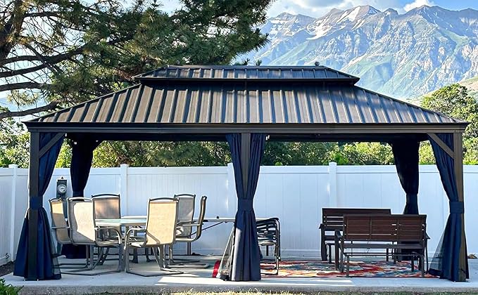 PURPLE LEAF 12' X 20' Hardtop Gazebo Pavilion for Outdoor with Netting and Curtains Deck Backyard Heavy Duty Sunshade Large Metal Patio Permanent Canopy