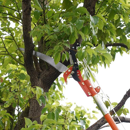 27FT Manual Pole Saw, Tree Branch Trimmer with 8-Section Fiberglass Handle, Sharp Steel Blade and Scissors, Lightweight Extendable Design for High Branch Trimming,Orange