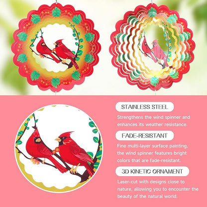 Cardinal Wind Spinners Gift for Women Men, 12 Inch Outdoor Metal 3D Wind Spinner Garden Yard Decor, Hanging Wind Catchers Stainless Steel Kinetic Sculpture for Outside Decoration