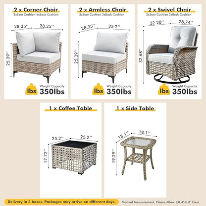 Outdoor Sectional Patio Furniture Set with Swivel Rocking Chairs and Glowing Table,8 Pieces Wicker Conversation Sets L Shaped Couch Out Door Sofa Outside Furniture for Garden Deck Yard Porch,Grey