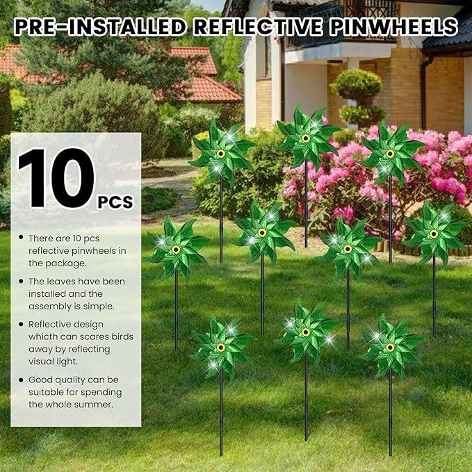 10 PCS Reflective Pinwheels for Yard and Garden Bird Devices Pre-Installed Sparkly Wind Spinner Deterrent to Scare Birds Away from Yard Patio Farm (Green)