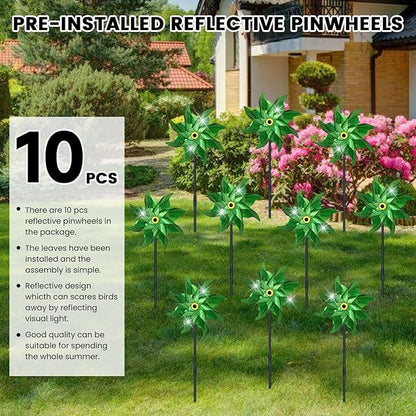 10 PCS Reflective Pinwheels for Yard and Garden Bird Devices Pre-Installed Sparkly Wind Spinner Deterrent to Scare Birds Away from Yard Patio Farm (Green)