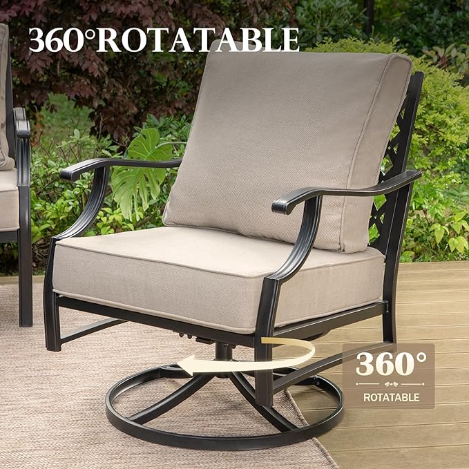 HERA'S HOUSE Outdoor Chairs Set of 2, 2 x Patio Chair with Beige Cushions, All Weather Outdoor Furniture for Lawn Garden Backyard Deck(Swivel Chairs)