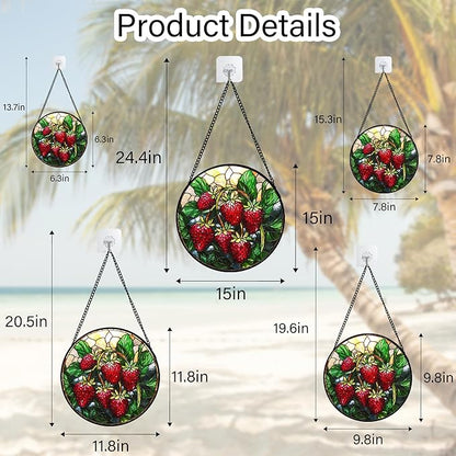 Stained Glass Suncatcher, Red Strawberry Green Leaf Sun Catcher Silver Background Stain Glass Window Hanging Decoration Mother's Day Birthday Gifts for Women Men Mom Nana 7.8 in