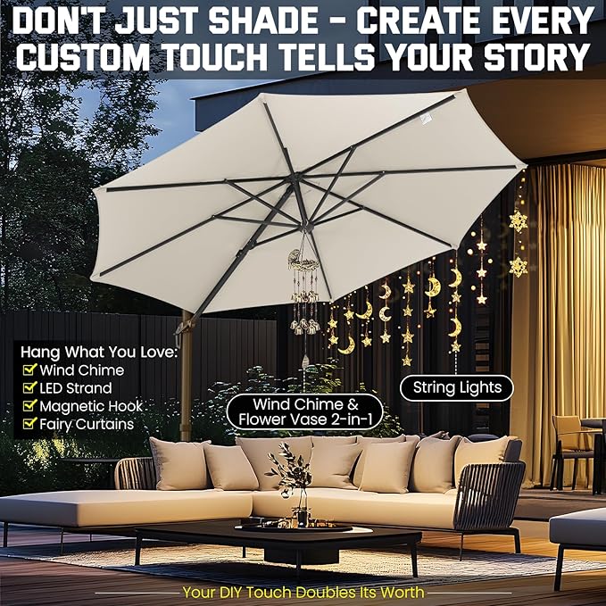 Hotime 10ft Patio Umbrella Outdoor Patio Windproof and Height adjustable, Heavy Duty Aluminum Round Offset Patio Umbrella Cantilever Pool Umbrella with 360°Rotation for Garden Deck Pool, Beige