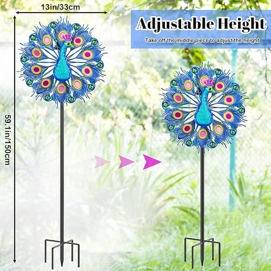 Metal Outdoor Wind Spinner, 2-Way Wind Sculpture Spinner with Metal Stake, Waterproof 360 Degrees Kinetic Windmill Art Decoration for Patio Garden Lawn (Peacock A)