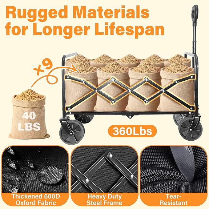 ARTIST'S DREAM Wagons carts Foldable Collapsible Wagon cart with Wheels|Folding Wagon for Groceries|360lbs.Utility Grocery Wagons for Camping,Sports,Park,Shopping,Travel,Black