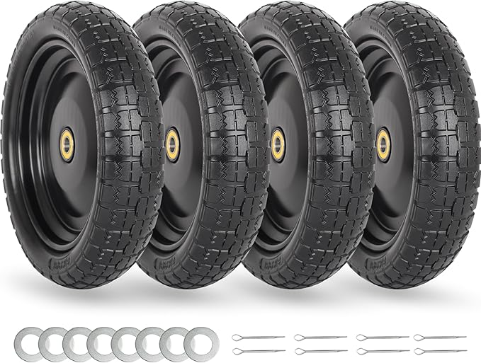 13" Flat-free Solid Tire and Wheel Replacement, with 5/8" Axle Bore Hole, 2.2" Offset Hub for Wheelbarrow Garden Wagon Trolley Dolly (4-pcs)
