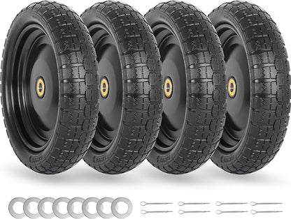 13" Flat-free Solid Tire and Wheel Replacement, with 5/8" Axle Bore Hole, 2.2" Offset Hub for Wheelbarrow Garden Wagon Trolley Dolly (4-pcs)