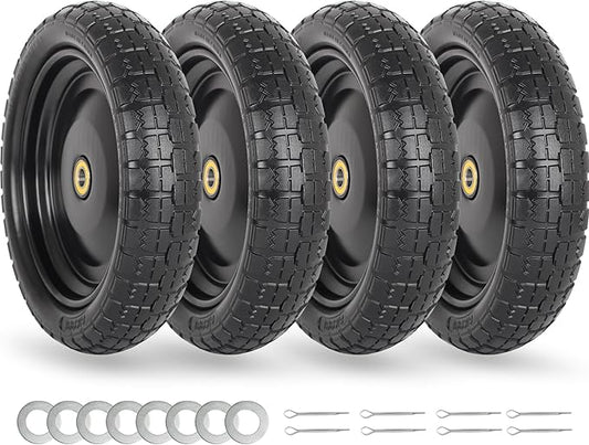 13" Flat-free Solid Tire and Wheel Replacement, with 5/8" Axle Bore Hole, 2.2" Offset Hub for Wheelbarrow Garden Wagon Trolley Dolly (4-pcs)