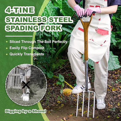 Garden Pitch Fork, 4-Tine Stainless Steel Spading Fork, 43.9'' Digging Fork with Good Leverage for Easy Digging Out Weed, Ergonomic D Handle Garden Fork for Composting, Digging Potatoes Loosening Soil