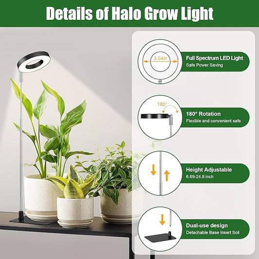 Small Halo Grow Light with Base, 48 LED Full Spectrum Indoor Plant Grow Light, Height Adjustable, 3 Spectral Modes, 10 Brightness Levels, Automatic Timer 3/9/12 Hours, Black