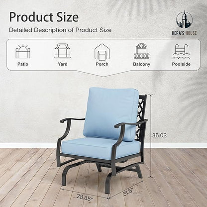 HERA'S HOUSE Outdoor Chairs Set of 2, 2 x Patio Chair with Blue Cushions, All Weather Outdoor Furniture for Lawn Garden Backyard Deck(Rocking Chairs)