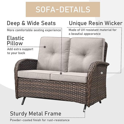 HUMMUH 7-Piece Patio Furniture Set with Fire Pit,Wicker Patio Glider Loveseat Outdoor Swivel Rocker Chairs with Ottomans for Backyard,Poolside,Deck