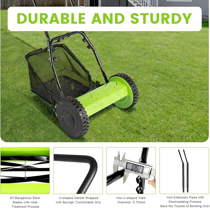 Push Lawn Sweeper, 12 Inch 5 Blade Manual Push Reel Lawn Mower with 23L Collection Bag, Adjustable Push Lawn Sweeper Grass Catcher Outdoor Power Tools for Picking up Leaves, Grass and Debris on Lawns