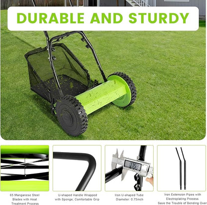 12 Inch 5-Blade Push Reel Lawn Mower, Cordless Manual Lawn Mower with Grass Catcher, Adjustable Cutting Height, Walk-Behind Lawn Mowers for Yard, Garden