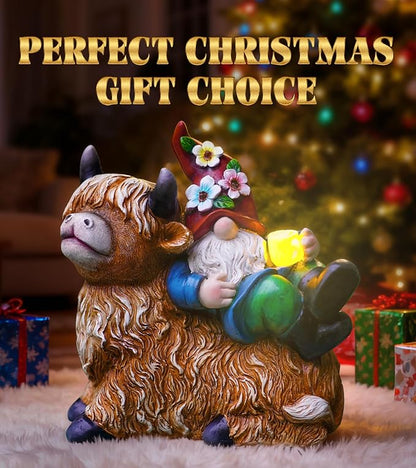 Garden Gnomes Decor Outdoor Statues Gnome on Highland Cow Hold Solar Cup Light Outdoor Decorations for Patio,Yard and Gift for Mom