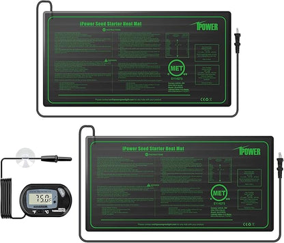 iPower Durable Seedling Heat Mat Warm 10" x 20" - 2 Pack Hydroponic Heating Pad Waterproof and A Digital Thermometer for Seed Starting Greenhouse and Germination