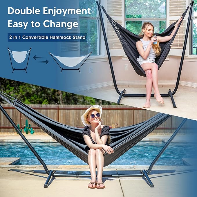 SUNCREAT 2-in-1 Hammocks Convertible Portable Double Hammock with Stand Included, Outdoor Hammock and Stand, Patent Pending, Dark Grey