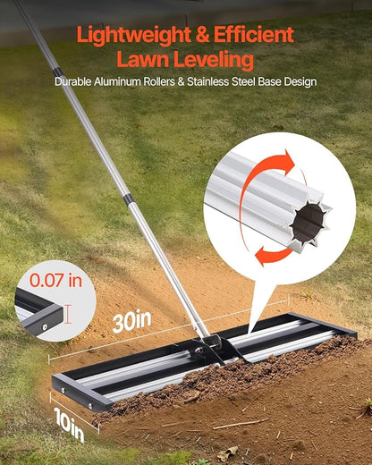 VEVOR Updated Lawn Leveling Rake with Roller, 30'' x 10" Stainless Steel Lawn Leveler with 83.9'' Adjustable Handle, Heavy Duty Yard Leveling Rake, Effort Saving Lawn Leveling Tool for Yard Golf Court