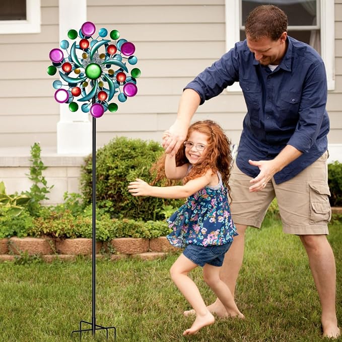 Solar Wind Spinners Outdoor - Wind Sculptures & Spinners, 60.6 Inch Windmill Kinetic Yard Art Decor with Stake, Wind Spinner for Yard and Garden Lawn Farmhouse (Circle)