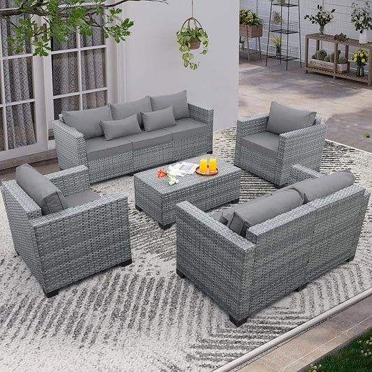 5 Piece Wicker Patio Furniture Sets Outdoor Conversation Set, PE Rattan Sectional Sofa Couch with Storage Table and Non-Slip Grey Cushions, Furniture Covers Included