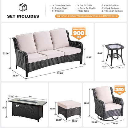 ovios 7 Pieces Patio Furniture Set, Outdoor Wicker Sofa Couch with Swivel Chairs 54" Fire Pit Table, High Back All Weather Modern Conversation Sets, Brown Rattan, Beige