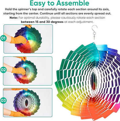 Wind Spinners Rainbow Hanging Metal Wind Sculpture Art Garden Decor, 12 inch 3D Stainless Steel Wind Spinner Decoration for Outdoor Patio Lawn and Yard