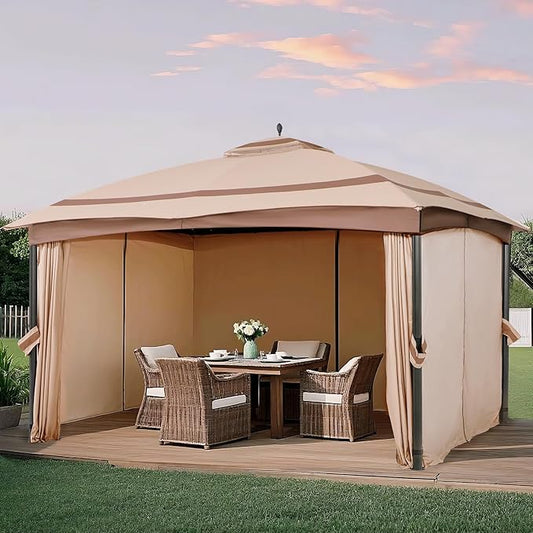 11x13 Gazebo for Patio, Gazebo with Curtains & Sandbags, Double Tier Roof Marquee Canopy for Garden, Deck, Backyard, Lawn (Khaki)-Netting not Included