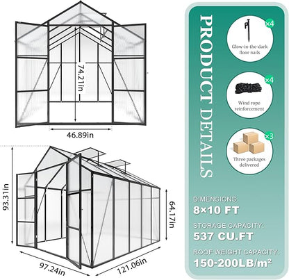 Greenhouse for Outdoors 8x10x7.8FT, Polycarbonate Greenhouse with Stronger Wind Protection and Roof Vent, Walk-in Large Aluminum Sunroom Winter Proof, Black