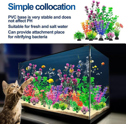 CousDUoBe 30Pcs Aquarium Plants, Fish Tank Accessories Artificial Aquatic Plants,Full Set of Fish Tank Decorations, Various Sizes