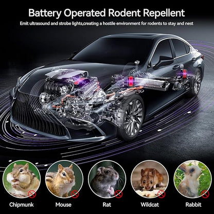 Ultrasonic Rodent Repellent, Plug-in Mouse Rat Pest Bat Squirrels Skunks Repellent for Car with Battery Powered Under Hood, Keep Mice Out of Cars Engines, Indoor, Outdoor, Garage, Room