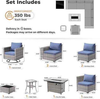 ovios 9 Pieces Patio Furniture Set, Outdoor Wicker Sectional Sofa with 42" Fire Pit Table Swivel Chair, Modern Modular Deep Seat Rattan Couch Conversation Sets, Denim Blue