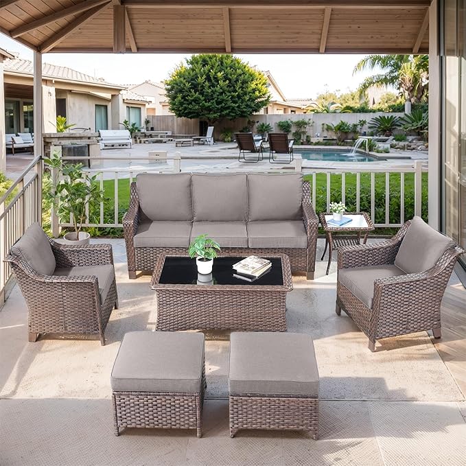 Patio Furniture Set-7 Pieces Outdoor All-Weather Wicker Conversation Set Outdoor Rattan Sofa Couch with Patio Chairs Ottomans for Porch Garden Backyard Poolside-Brown/Grey