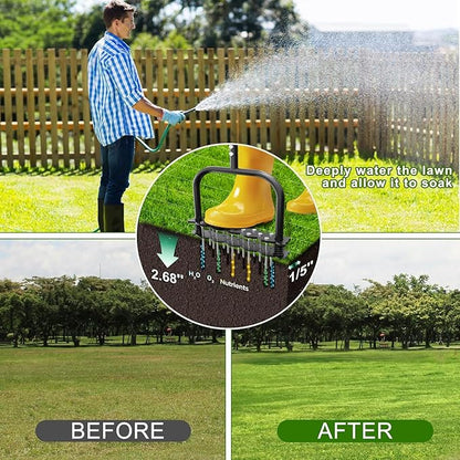 Lawn Aerator -Aerator Lawn Tool with 14 Iron Spikes, Automatic Dirt and Leaf Clean with Spring-Loaded Design, Height Adjustable Metal Manual Aerator, Soil Loosening, Yard Aerating, Garden Tool