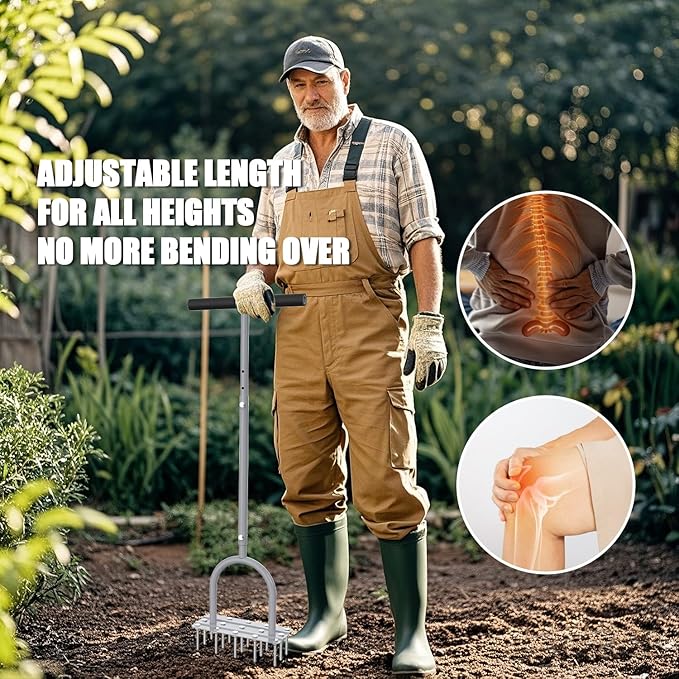 Lawn Aerator Spike Tool - Manual Grass Aerator with 15 Iron Spikes, Pre-Assembled Yard Aerator for Core Aeration, Dethatching, Heavy Duty T-Handle & Wide Foot Plate for Lawn Yard & Garden (Grey)