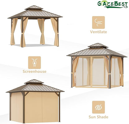 10'x10' Hardtop Gazebo Outdoor Aluminum Patio Gazebo Double Roof Galvanized Steel Canopy with Netting and Curtains,for Garden, Backyard,Deck and Lawns