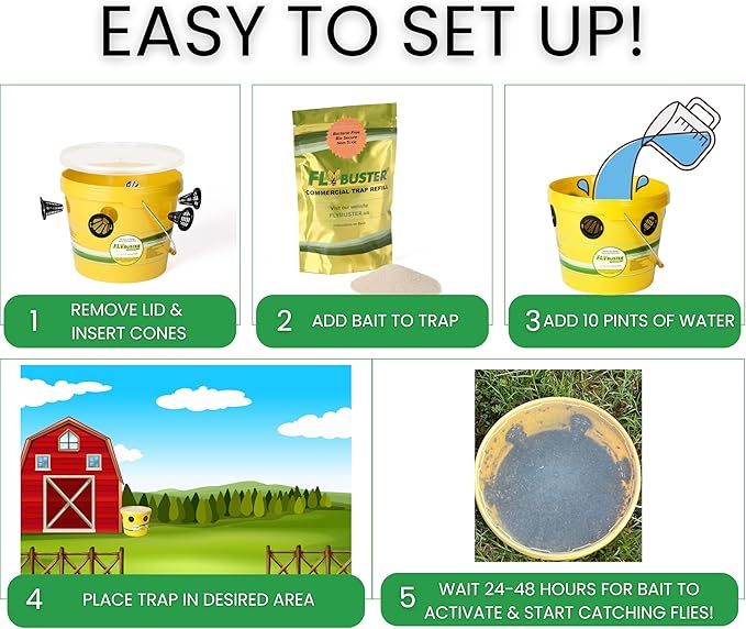 Flybuster Fly Trap | Outdoor Device for Catching Flies | 10-Liter Commercial Size | Comes with One Flytrap and 2 Bait Packets | 2,000,000 Fly Capacity | Non-Toxic | Child & Pet Safe