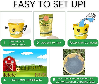 Flybuster Fly Trap | Outdoor Device for Catching Flies | 10-Liter Commercial Size | Comes with One Flytrap and 2 Bait Packets | 2,000,000 Fly Capacity | Non-Toxic | Child & Pet Safe