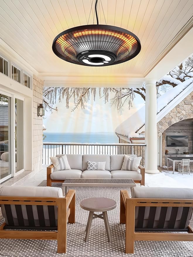 Carbon Infrared Outdoor Patio Hanging Heater with LED Night Light, Smart App-Controlled Remote On/Off, 24H Timer for Living Room, Bedroom, Garage