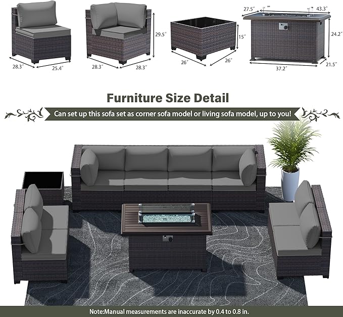Outdoor Patio Furniture Sets with Propane Fire Pit Table, 10 Pieces Outdoor Furniture Patio Sectional Sofa Conversation Sets w/ETL Approved 43" Gas Outdoor Fire Table & Coffee Table (Grey)