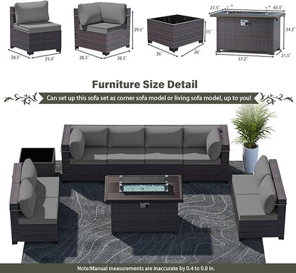 Outdoor Patio Furniture Sets with Propane Fire Pit Table, 10 Pieces Outdoor Furniture Patio Sectional Sofa Conversation Sets w/ETL Approved 43" Gas Outdoor Fire Table & Coffee Table (Grey)