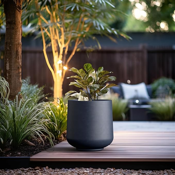 Kante 15.3" Dia Round Concrete Planter, Outdoor Indoor Large Plant Pots Containers with Drainage Hole and Rubber Plug for Home Garden Patio, Dark Gray