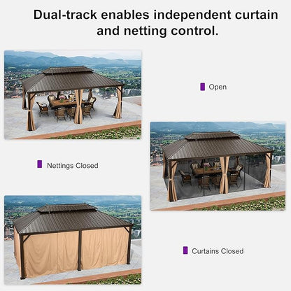 PURPLE LEAF 12' X 20' Outdoor Hardtop Permanent Galvanized Steel Gazebo Double Roof Canopy Aluminum Frame Patio Garden Pavilion with Netting and Curtains