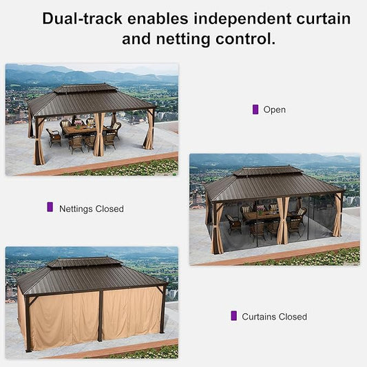 PURPLE LEAF 12' X 20' Outdoor Hardtop Permanent Galvanized Steel Gazebo Double Roof Canopy Aluminum Frame Patio Garden Pavilion with Netting and Curtains