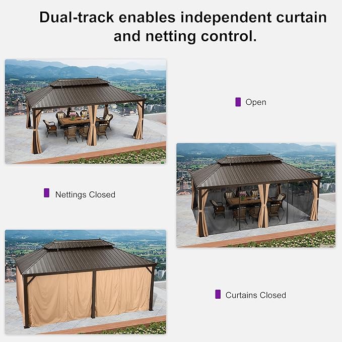 PURPLE LEAF Hardtop Gazebo 12' X 20' Outdoor Galvanized Steel Roof Backyard Canopy with Netting and Curtains Deck Garden Outside Heavy Duty Hot Tub Patio Pavilion