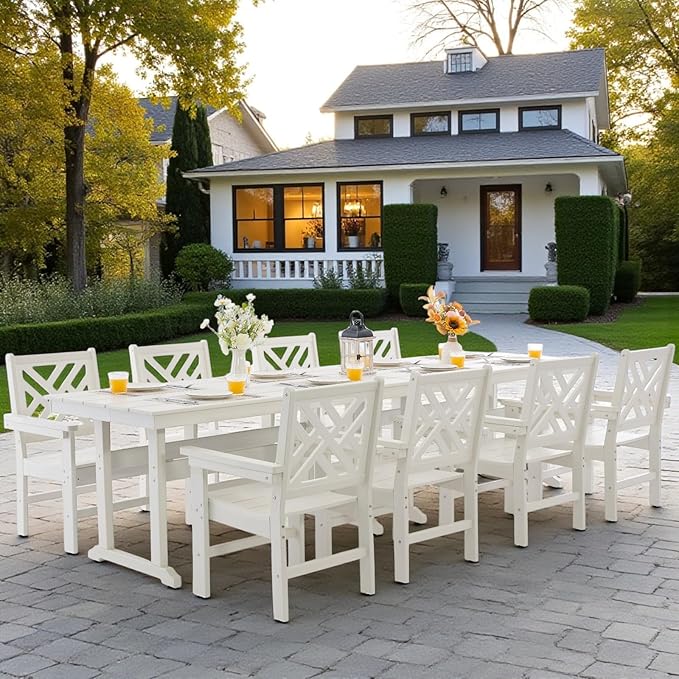 10 Piece HDPE Outdoor Dining Set for 8, Patio Dining Furniture Set with 2 Table and Umbrella Hole, Outdoor Table and Chairs for Garden, Poolside, Backyard, Deck