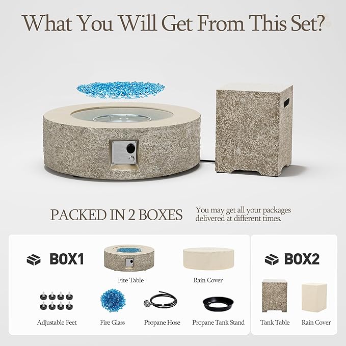 UPHA 42-inch Outdoor Propane Gas Fire Pit Table 50000 BTU Concrete Round FirePit for Outside Patio with Propane Tank Cover, Blue Glass Rocks, Rain Cover, Beige Texture