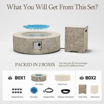 UPHA 42-inch Outdoor Propane Gas Fire Pit Table 50000 BTU Concrete Round FirePit for Outside Patio with Propane Tank Cover, Blue Glass Rocks, Rain Cover, Beige Texture
